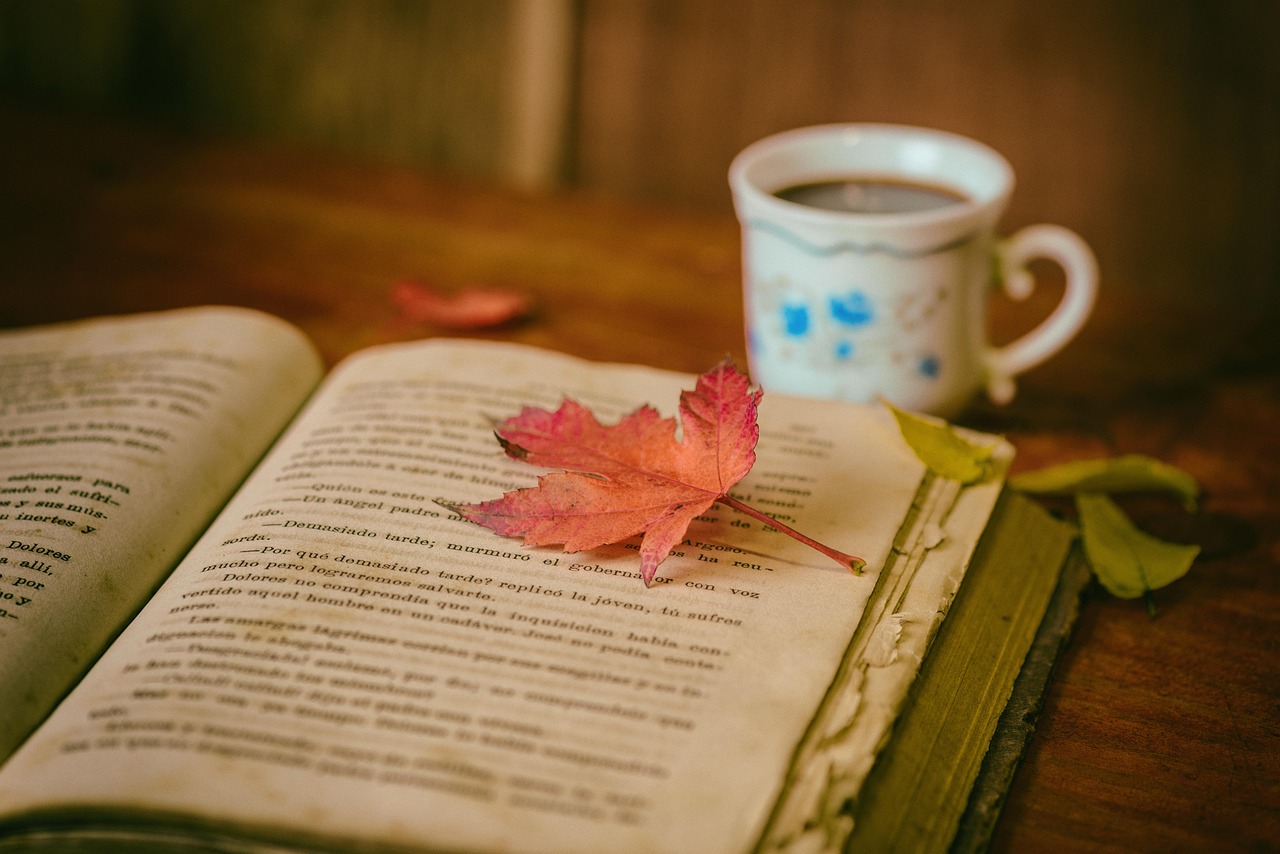 About leaves, coffee, cup, still life, nature, book, reading, coffee cup, leisure, hobby, read, open book, bookworm