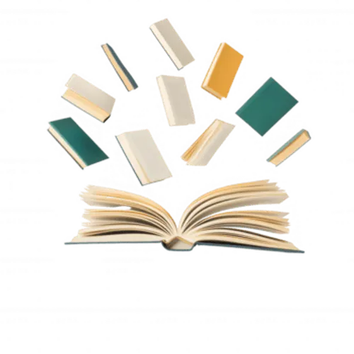 an open book with various colored books floating above symbolizing knowledge and imagination png